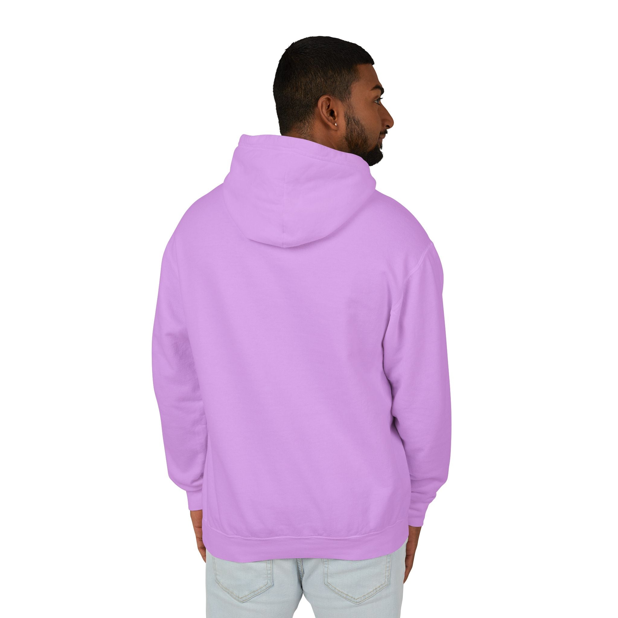 Person wearing a light purple hoodie on a white background