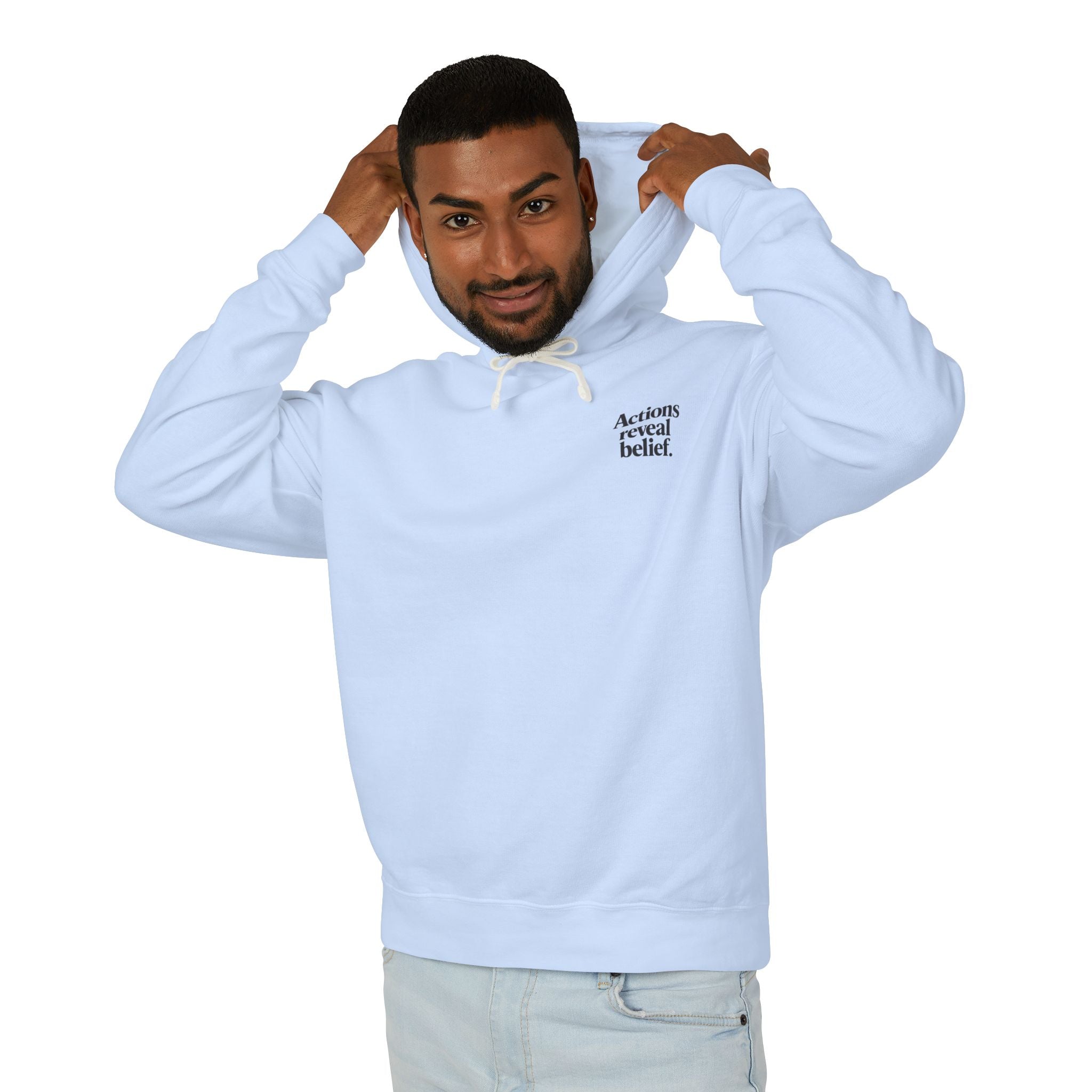 Man wearing a light blue hoodie with text on a white background