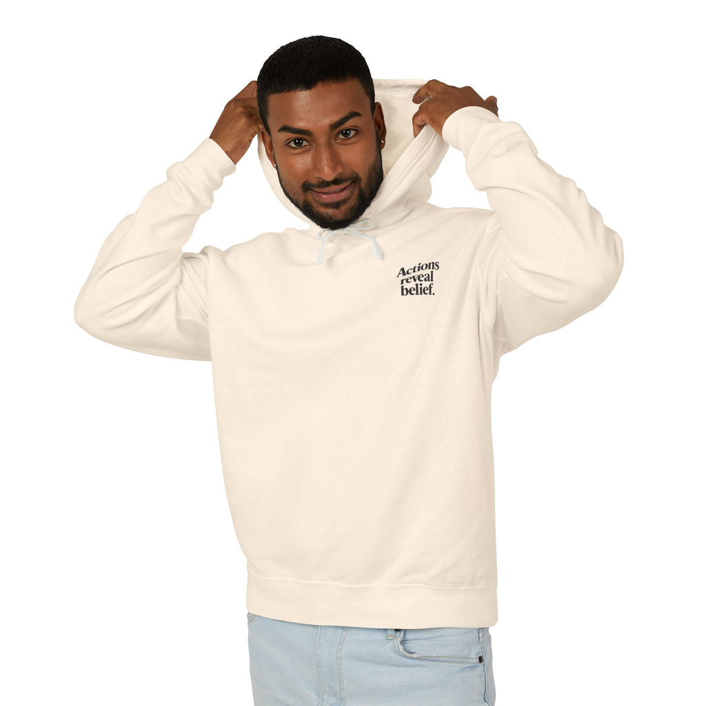 Man wearing a beige hoodie on a white background
