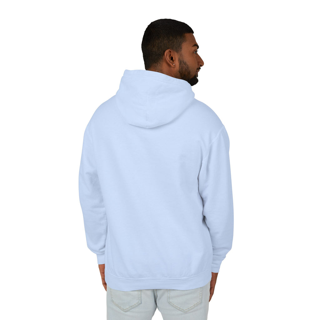 Man wearing a light blue hoodie with text on the back, standing against a white background