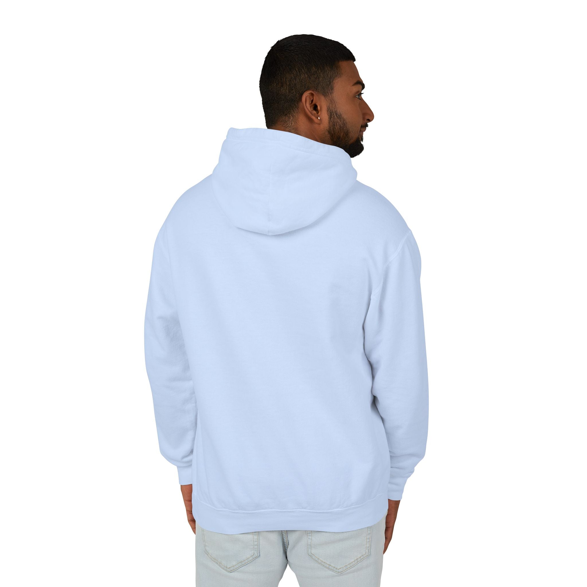 Man wearing a light blue hoodie with text on the back, standing against a white background