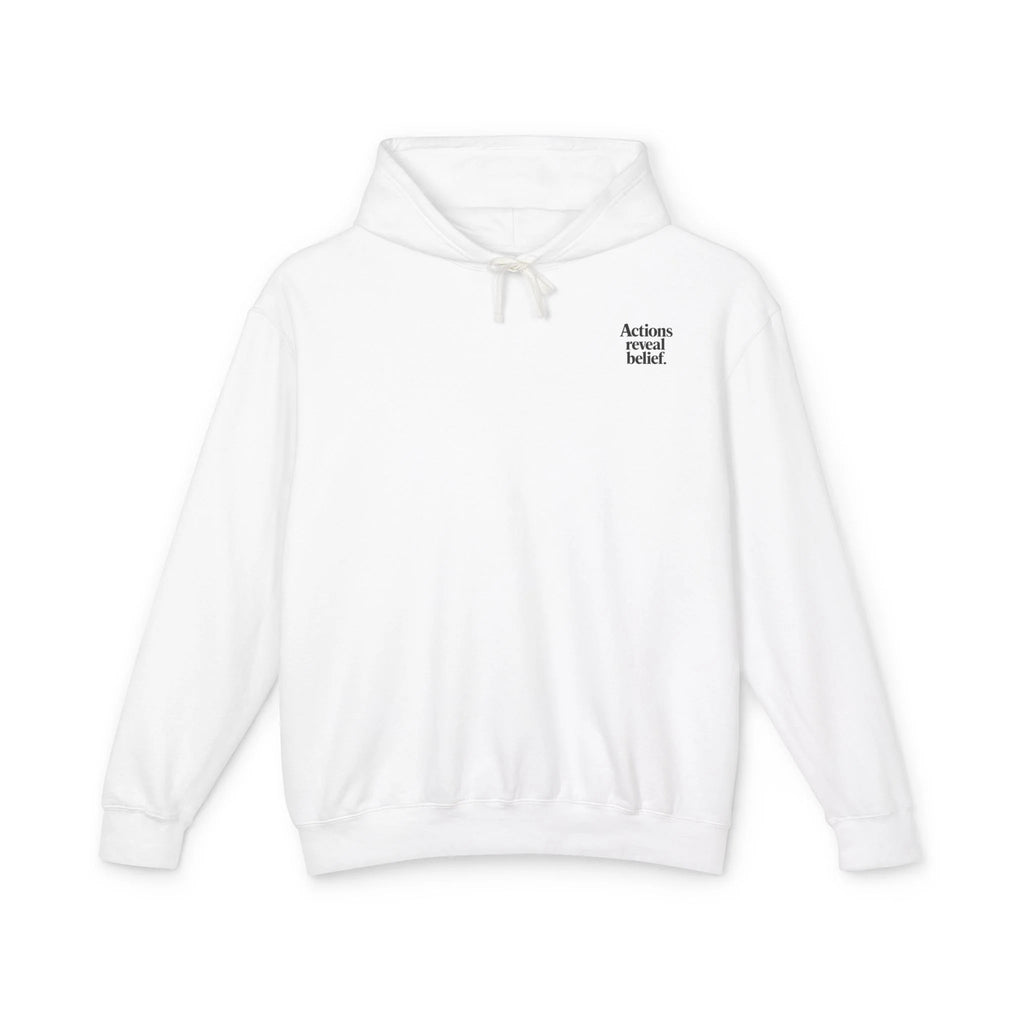 White hoodie with text on a white background
