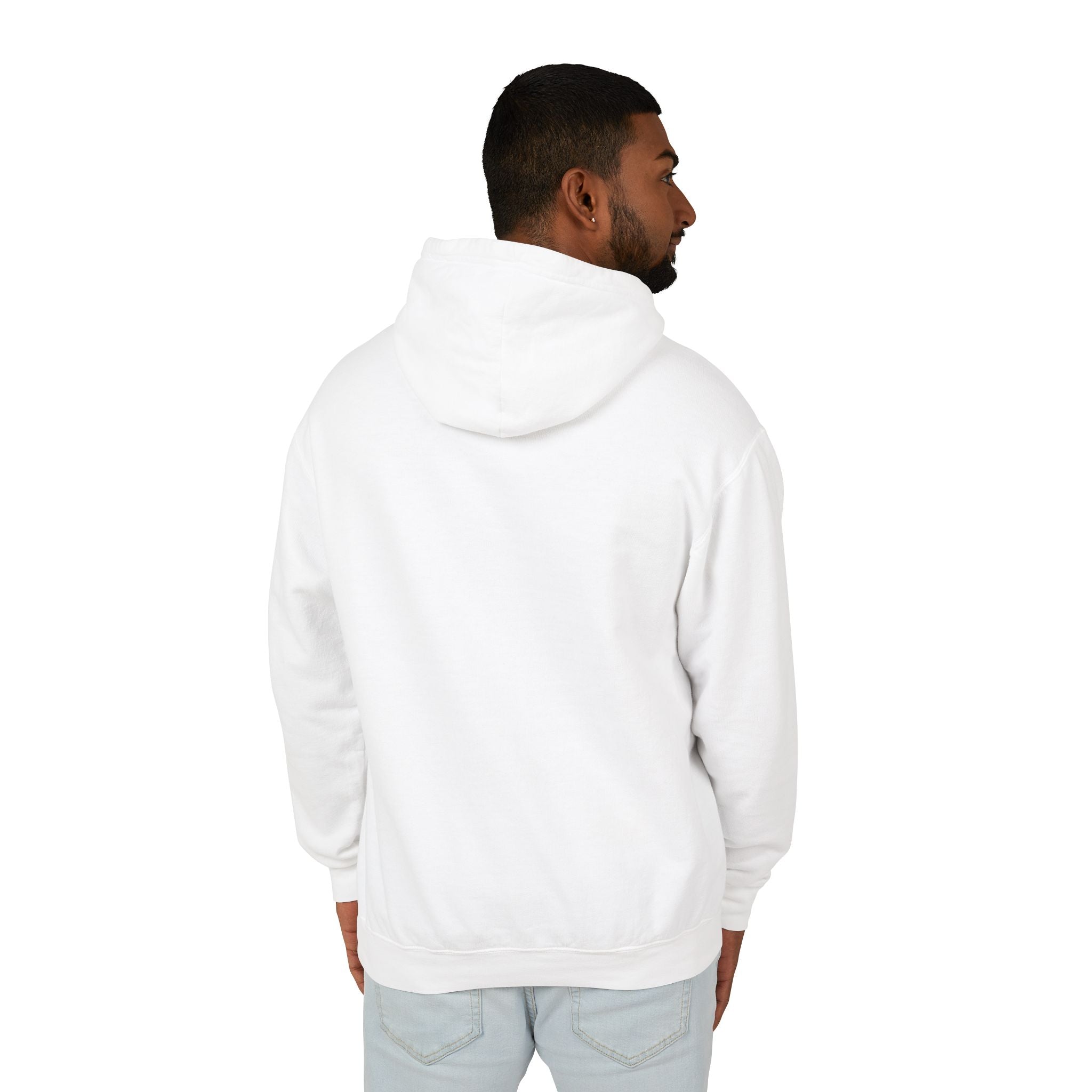 Man wearing a white hoodie on a white background
