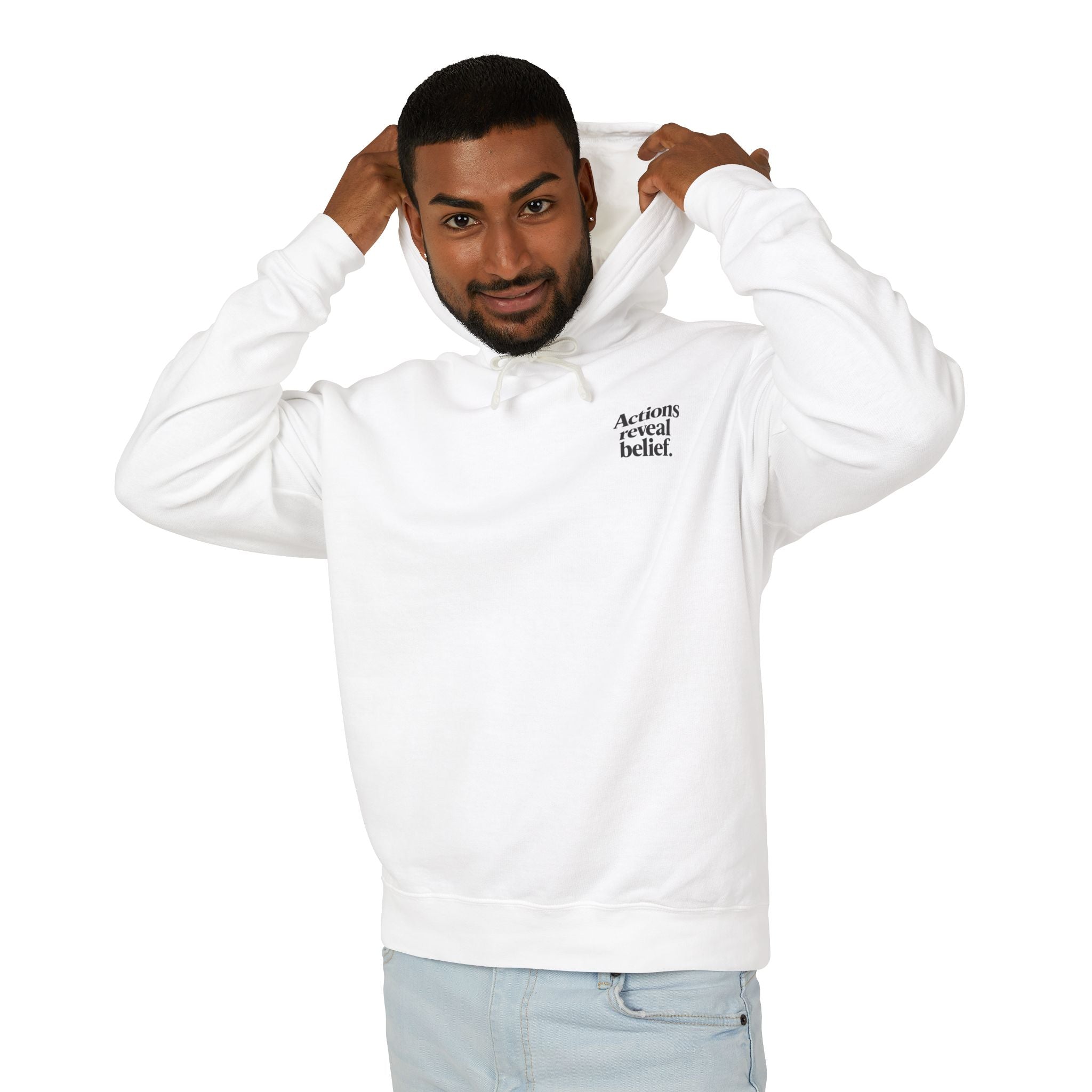 Man wearing a white hoodie with 'Battle Point' logo on a white background