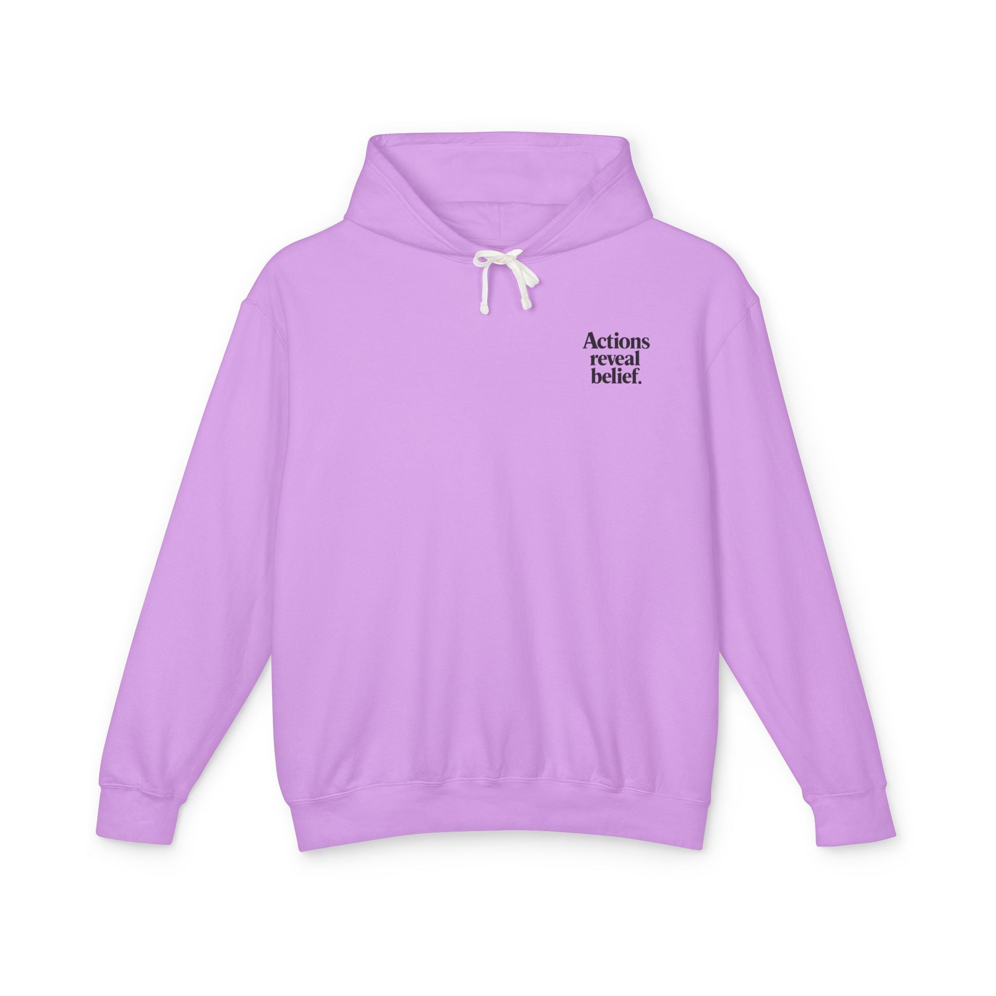Purple hoodie with text on a white background