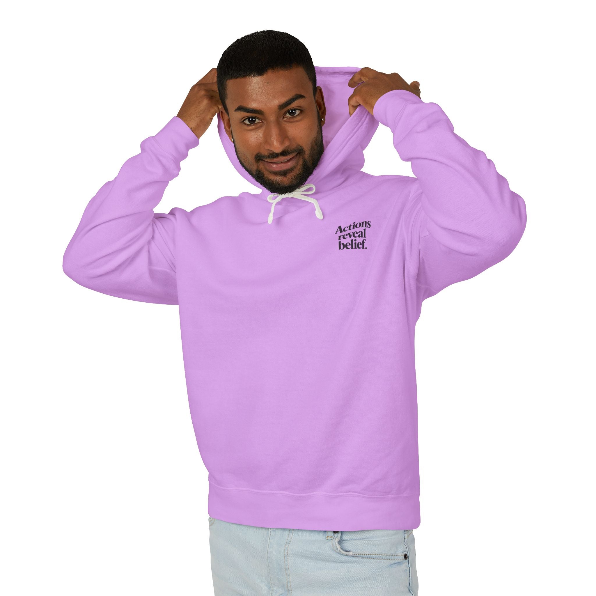 Person wearing a purple hoodie with text on a white background