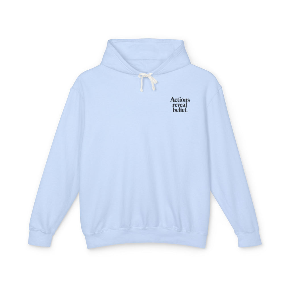 Light blue hoodie with text on a white background