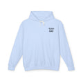 Light blue hoodie with text on a white background